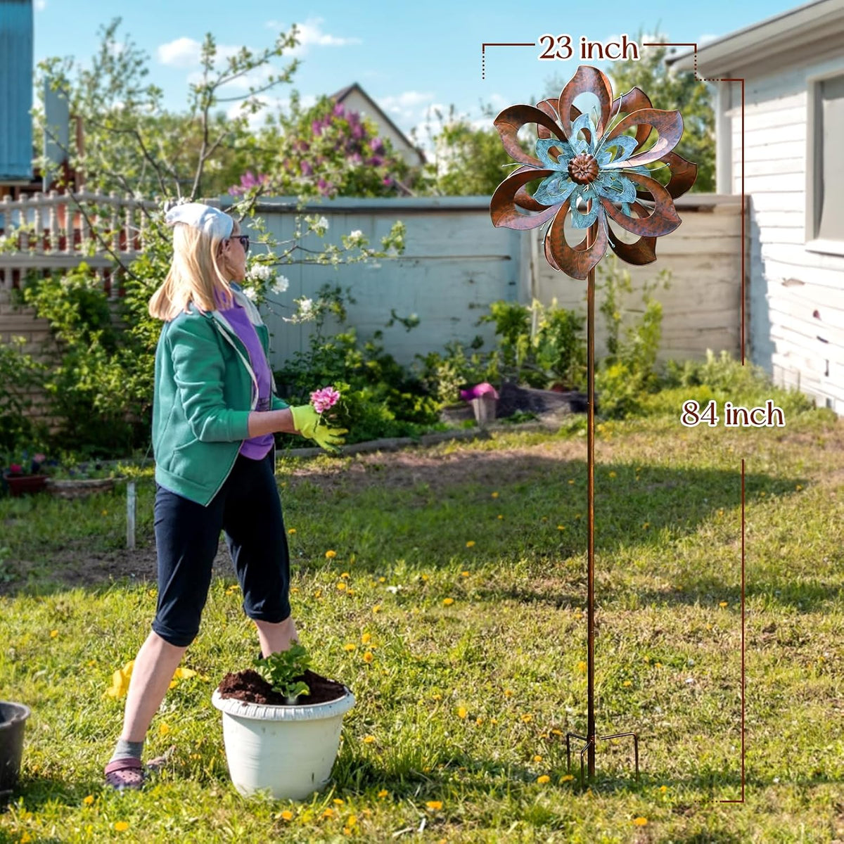 Garden Wind Spinner,Flower Wind Spinner,Outdoor Metal Wind Sculpture & Spinner Large 23 inch Dia 84