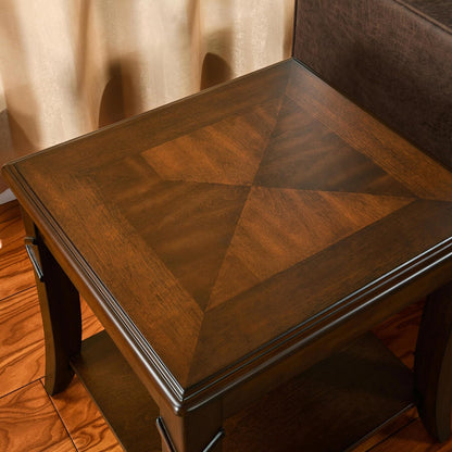 Solid Wood End Table with Storage Shelf, Vintage Rectangle Sofa Side Table with Splicing Tabletop