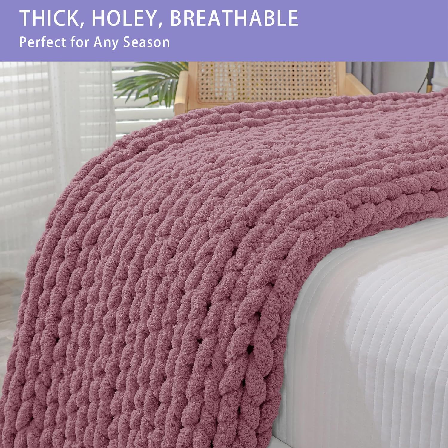 Bigacogo Chunky Knit Throw Blanket for Couch, 51x63 inches, 100% Hand Knitted with Thick Jumbo