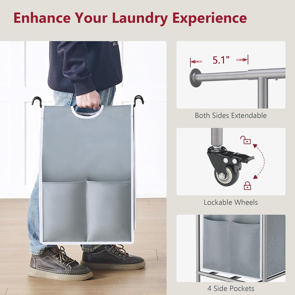 Tajsoon Laundry Sorter with Hanging Bar, 3 Section Rolling Laundry Hamper with Heavy Duty Lockable