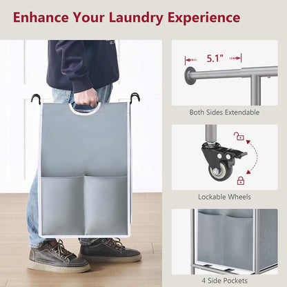 Tajsoon Laundry Sorter with Hanging Bar, 3 Section Rolling Laundry Hamper with Heavy Duty Lockable