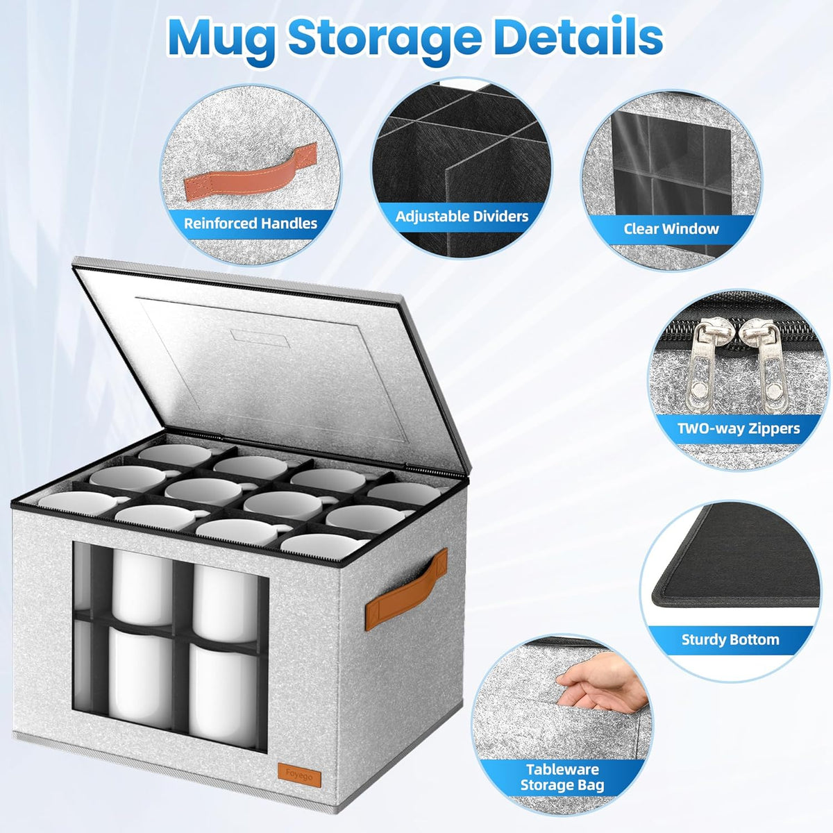 2-Layer Coffee Mug Storage Box with Dividers, Cup Storage Organizer with Zipper Lid and Handles