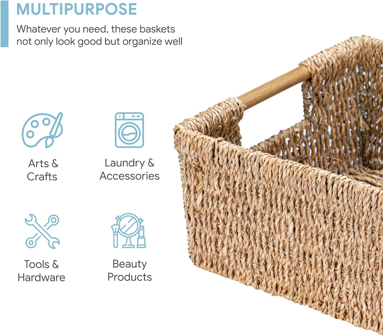 Large Natural Wicker Basket Rectangular with Wooden Handles, Seagrass Storage for Organizing
