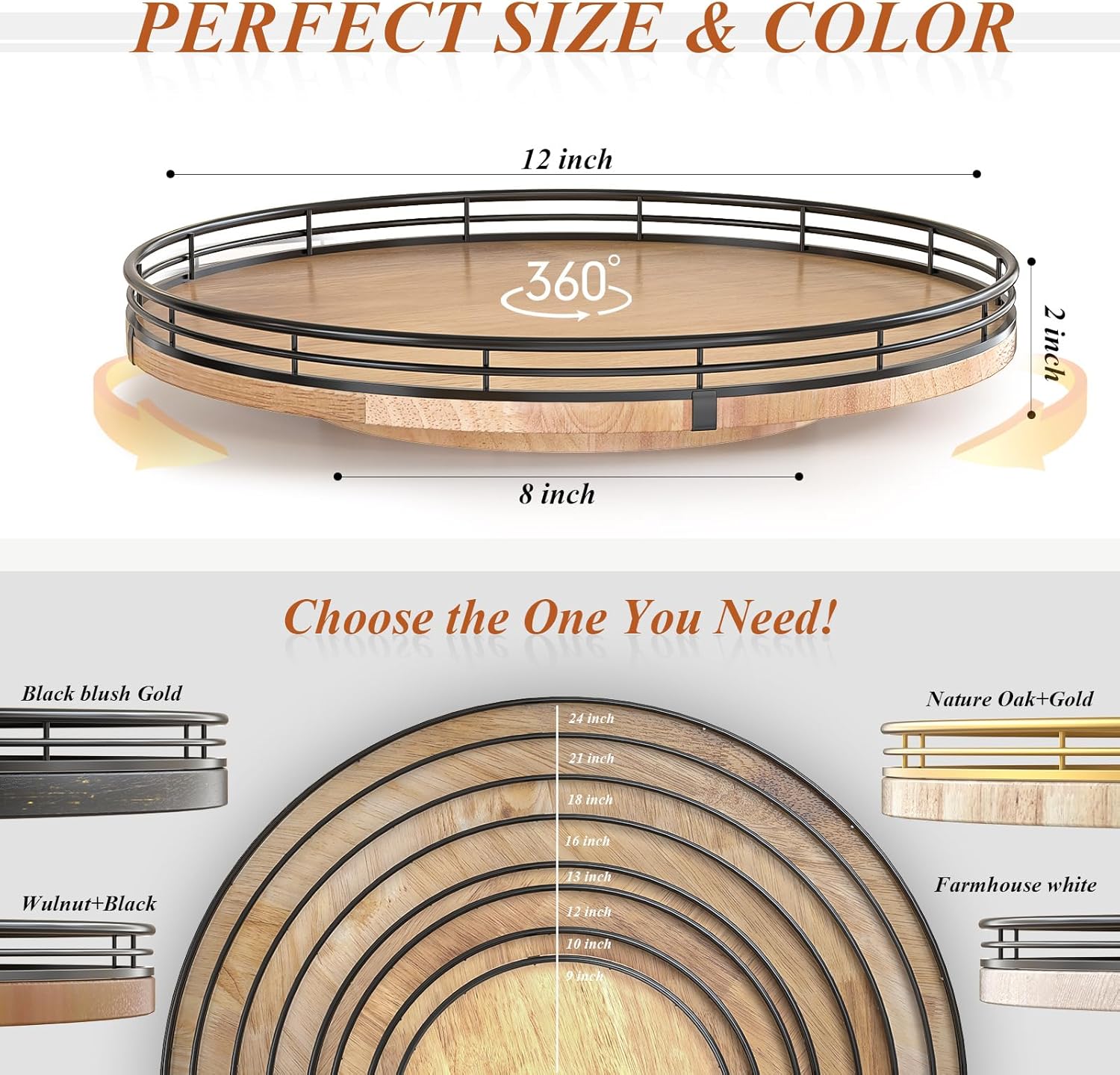 12" Lazy Susan Oak Wood Turntable Organizer for Cabinet, Farmhouse Round Wooden Lazy Susan