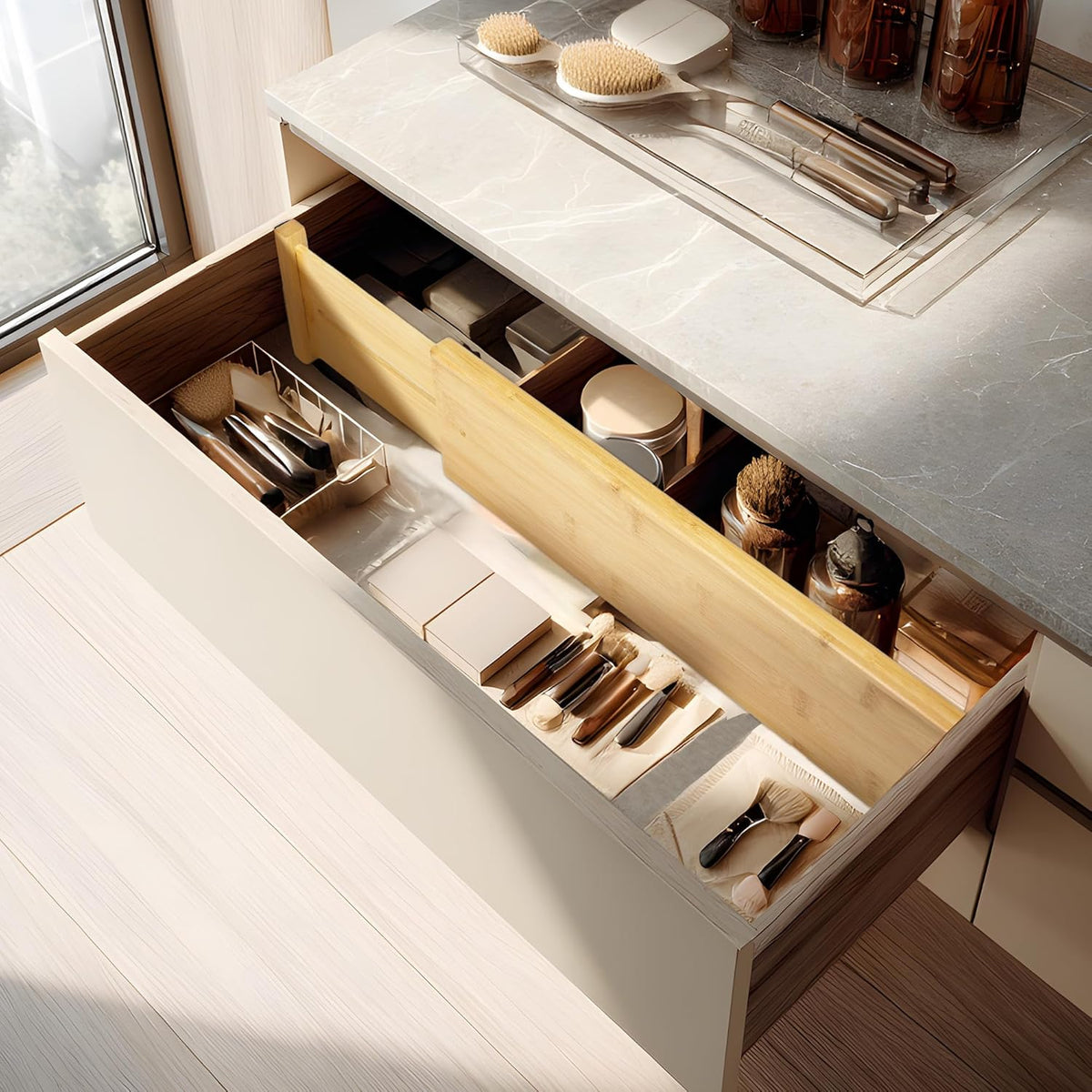 VaeFae 3 Pack Bamboo Drawer Dividers, 4" High Adjustable 16.6" - 21.8" Clothes Drawer Organizers