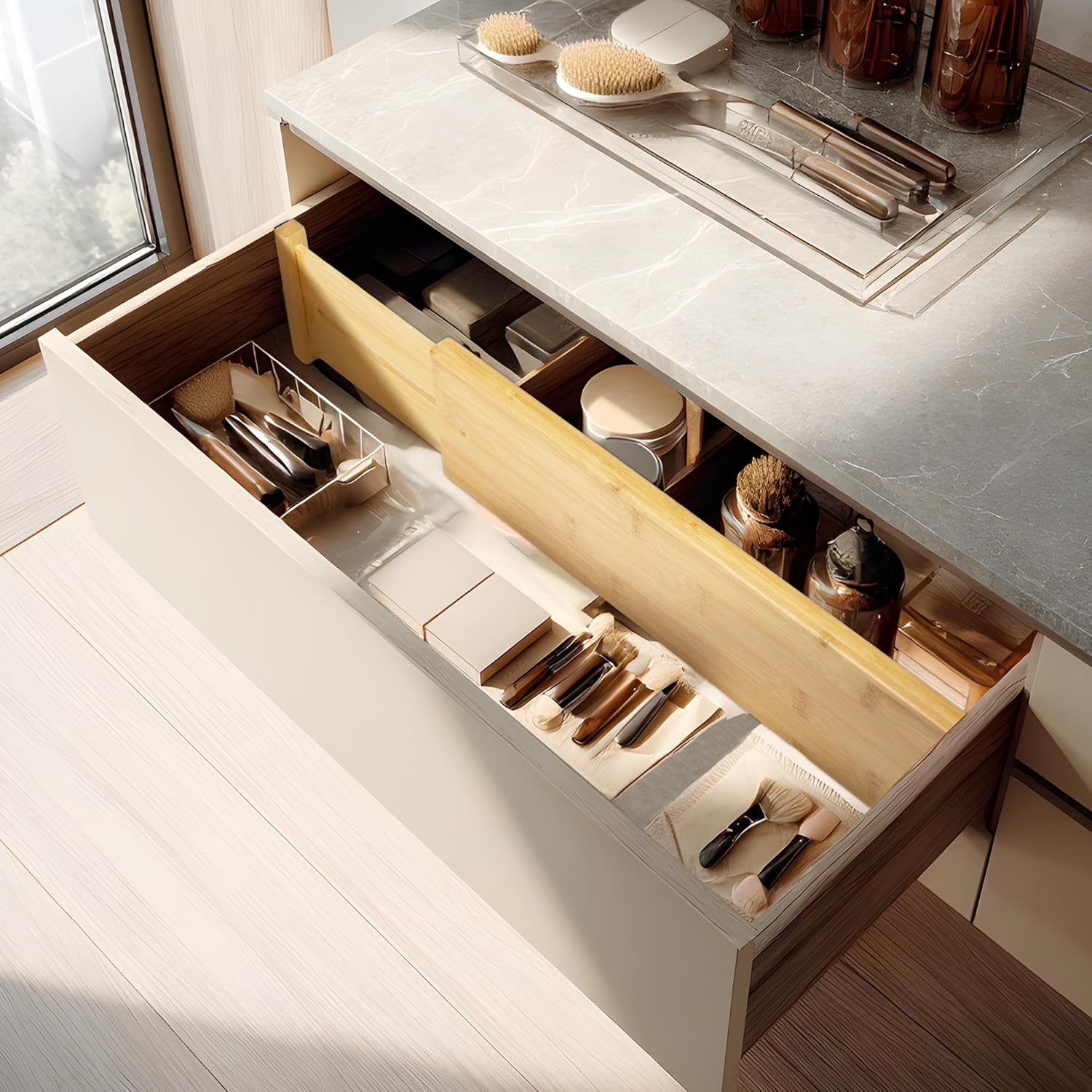VaeFae 3 Pack Bamboo Drawer Dividers, 4" High Adjustable 16.6" - 21.8" Clothes Drawer Organizers