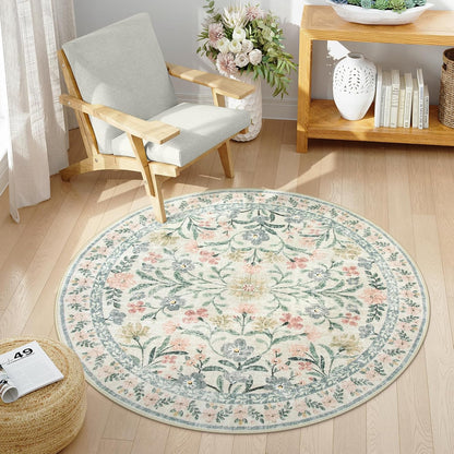 Wonnitar Round Washable Rug, Soft Floral Round Rugs 5ft Circle Carpets for Bedroom Ultra-Thin, Boho