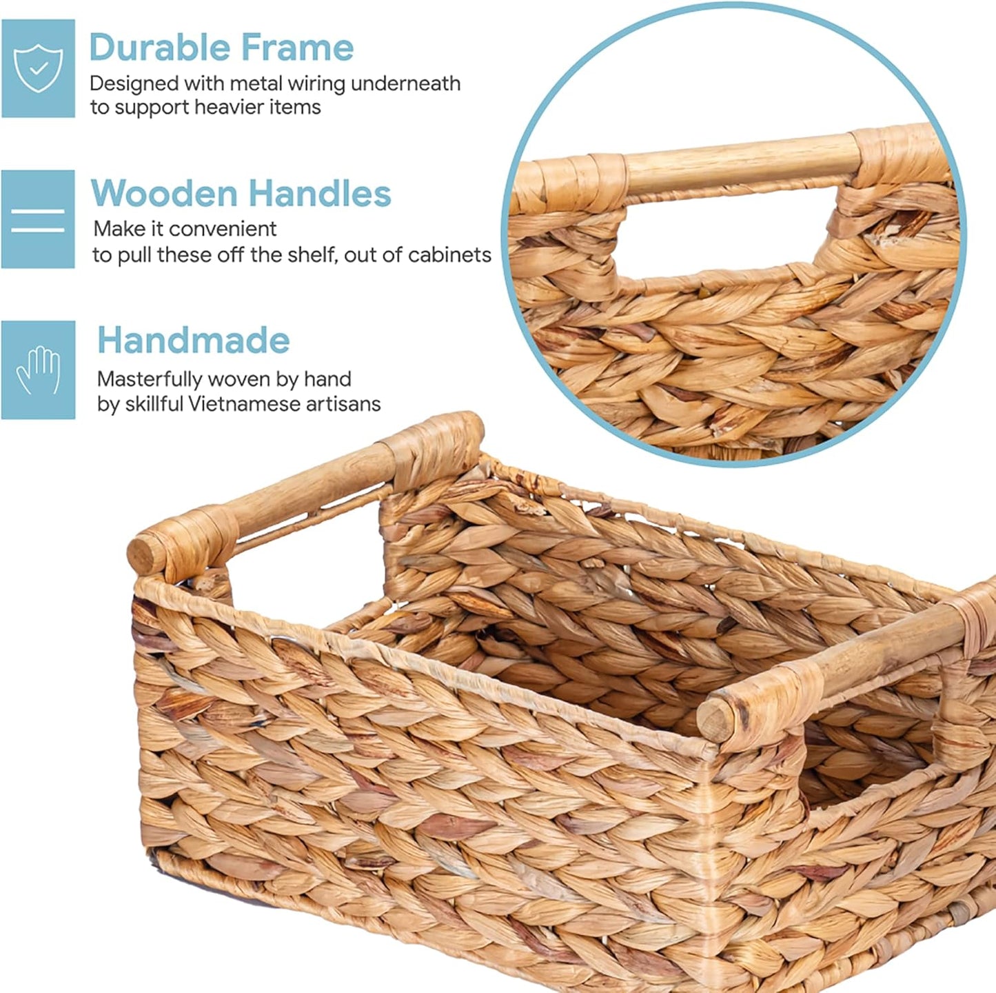 VATIMA Hyacinth Small Wicker Basket 11.6x8.1x4.9" - Bathroom Organizer, Wooden Handle, Decorative