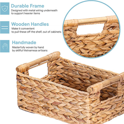 VATIMA Hyacinth Small Wicker Basket 11.6x8.1x4.9" - Bathroom Organizer, Wooden Handle, Decorative