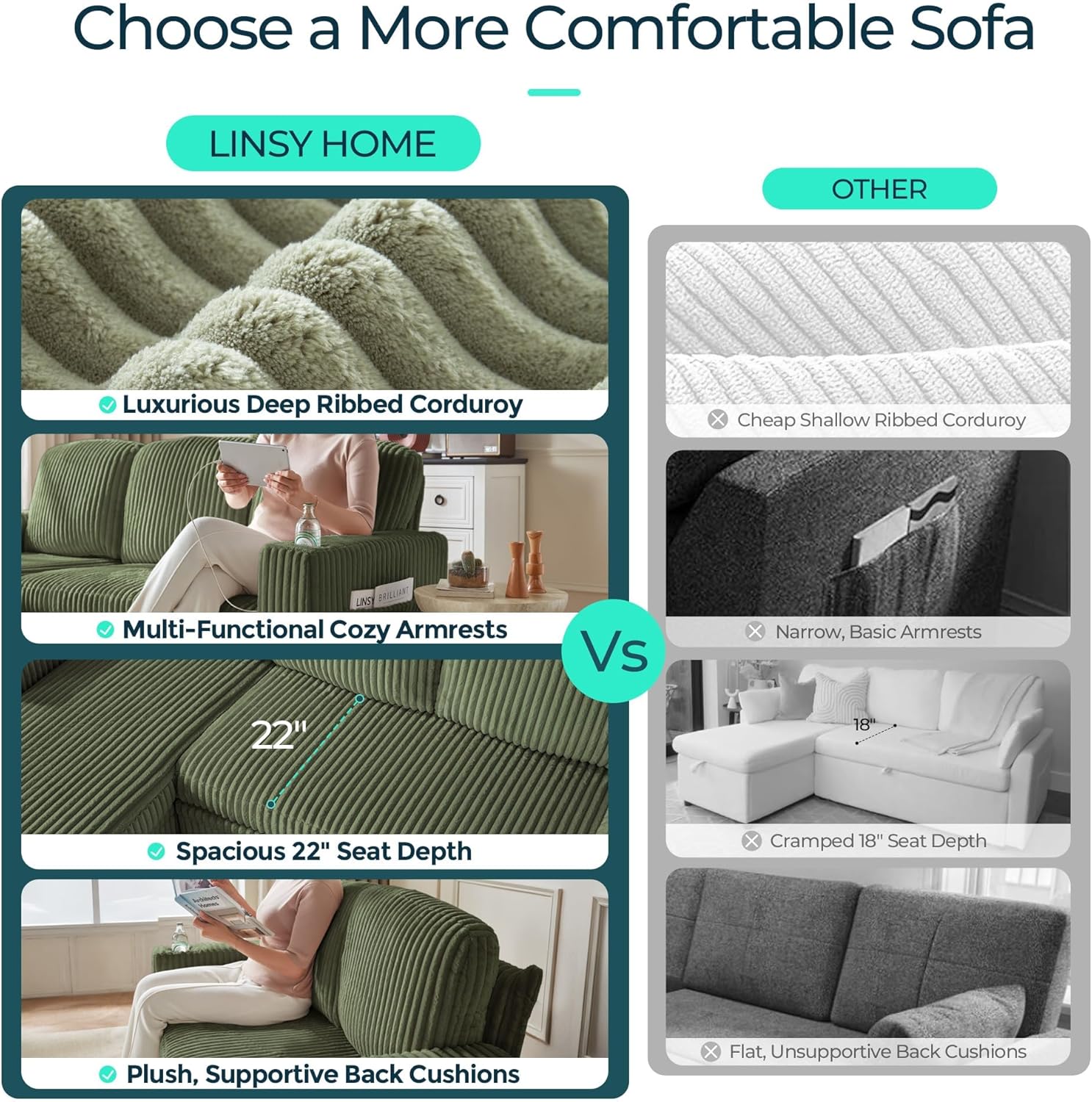 LINSY HOME Sectional Sleeper Sofa with Pull Out Couch Bed Convertible Plush Corduroy Cloud Couch