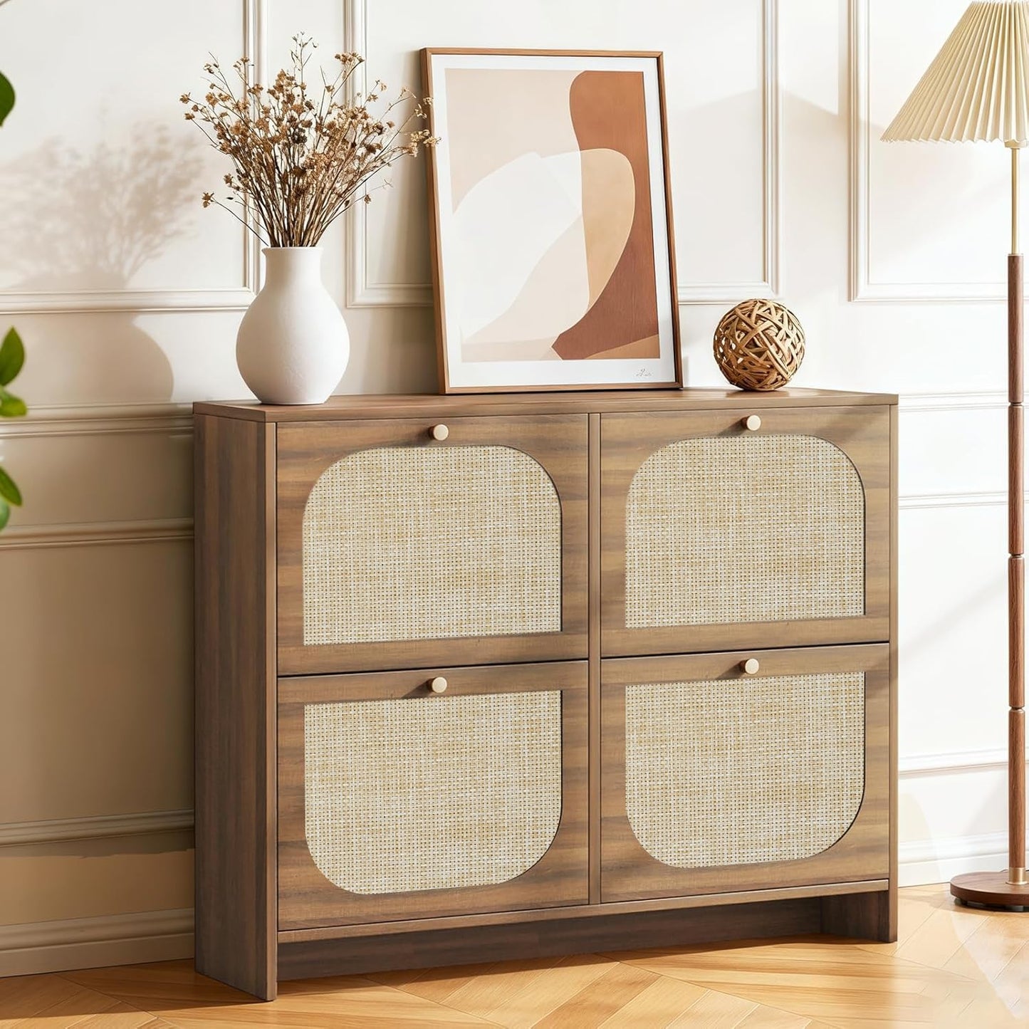 Nicetree Freestanding Ultra Slim Fluted Accent Shoe Storage Cabinet for Entryway - 4 Flip Drawers &