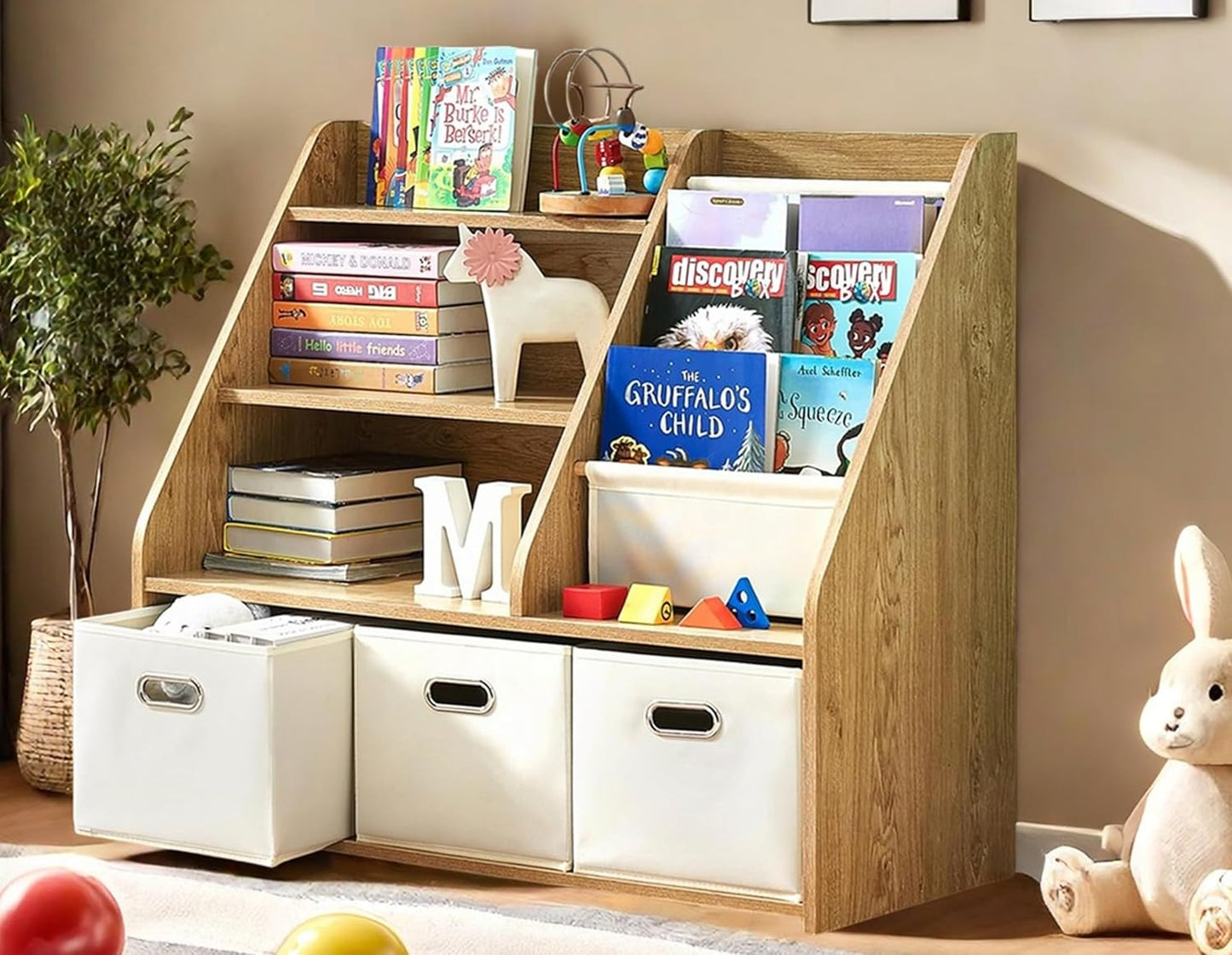 Kids Bookshelf and Toy Storage Organizer, Montessori Nursery Book Shelves with 3 Tier Sling Rack &