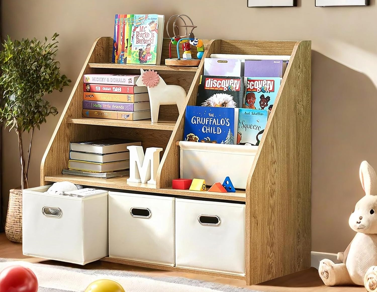 Kids Bookshelf and Toy Storage Organizer, Montessori Nursery Book Shelves with 3 Tier Sling Rack &