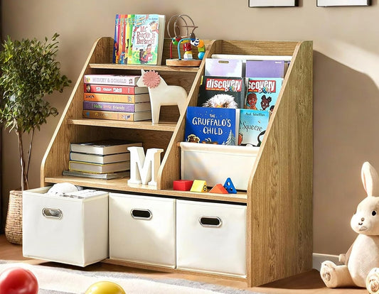 Kids Bookshelf and Toy Storage Organizer, Montessori Nursery Book Shelves with 3 Tier Sling Rack &