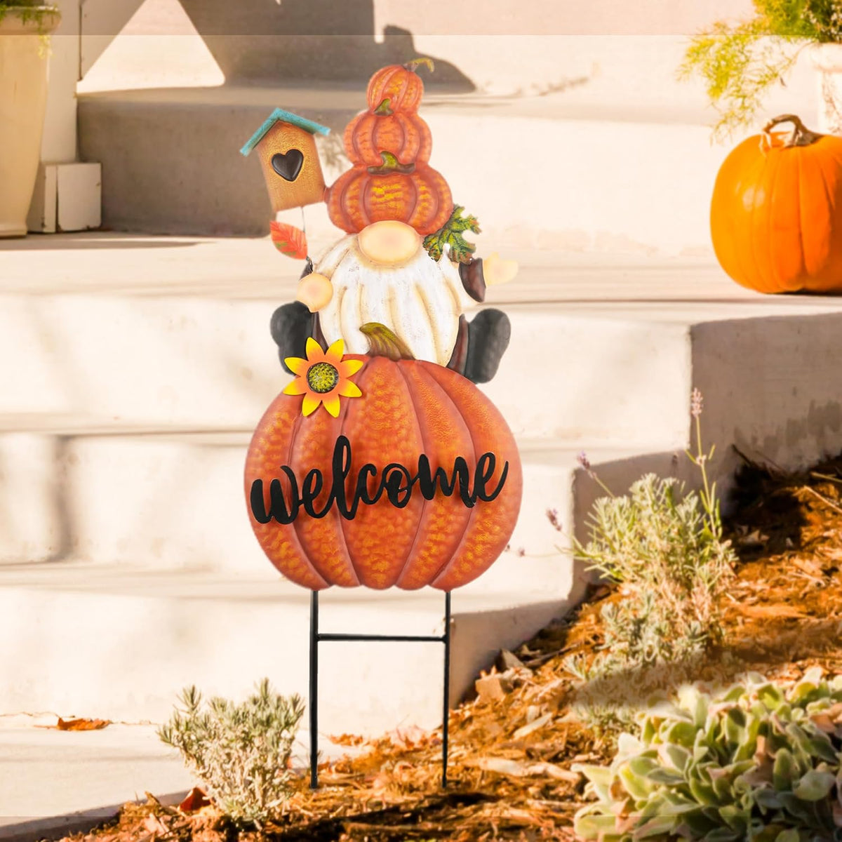 TERESA'S COLLECTIONS Fall Gnome Pumpkin Decorations for Outdoor Home, Metal Fall Decor Welcome