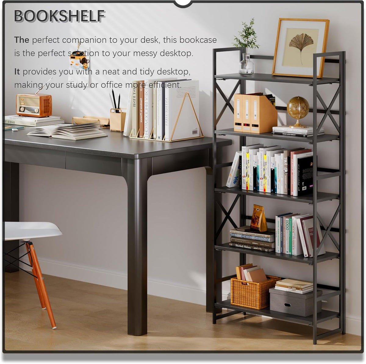 4NM 5 Tiers No Assembly Book Shelves, 51.2" H Folding Bookshelf Bookcase Open Industrial Foldable