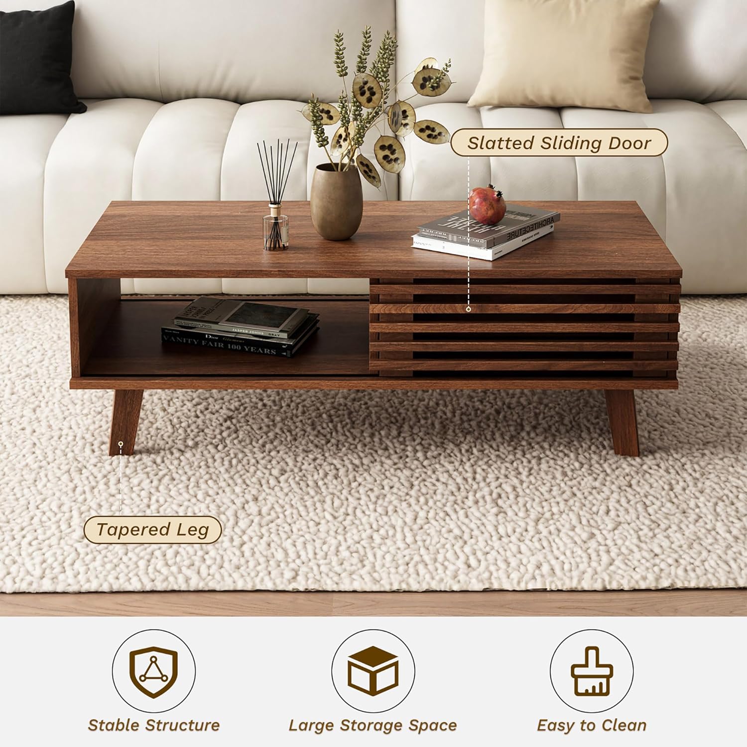 Mid Century Coffee Table with Storage & Sliding Fence Door, Modern Coffee Tables for Living Room
