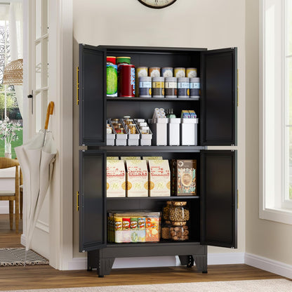 47.25" Metal Storage Cabinet, Black Kitchen Food Storage with 4 Door and 2 Adjustable Shelves
