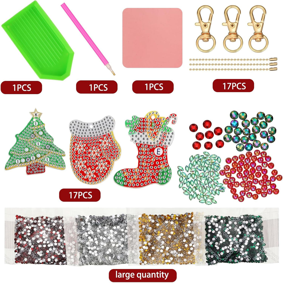 Yaomiao 17 Pieces Double Sided Diamond Art Christmas Ornaments Christmas Keychains Diamond Art Kit