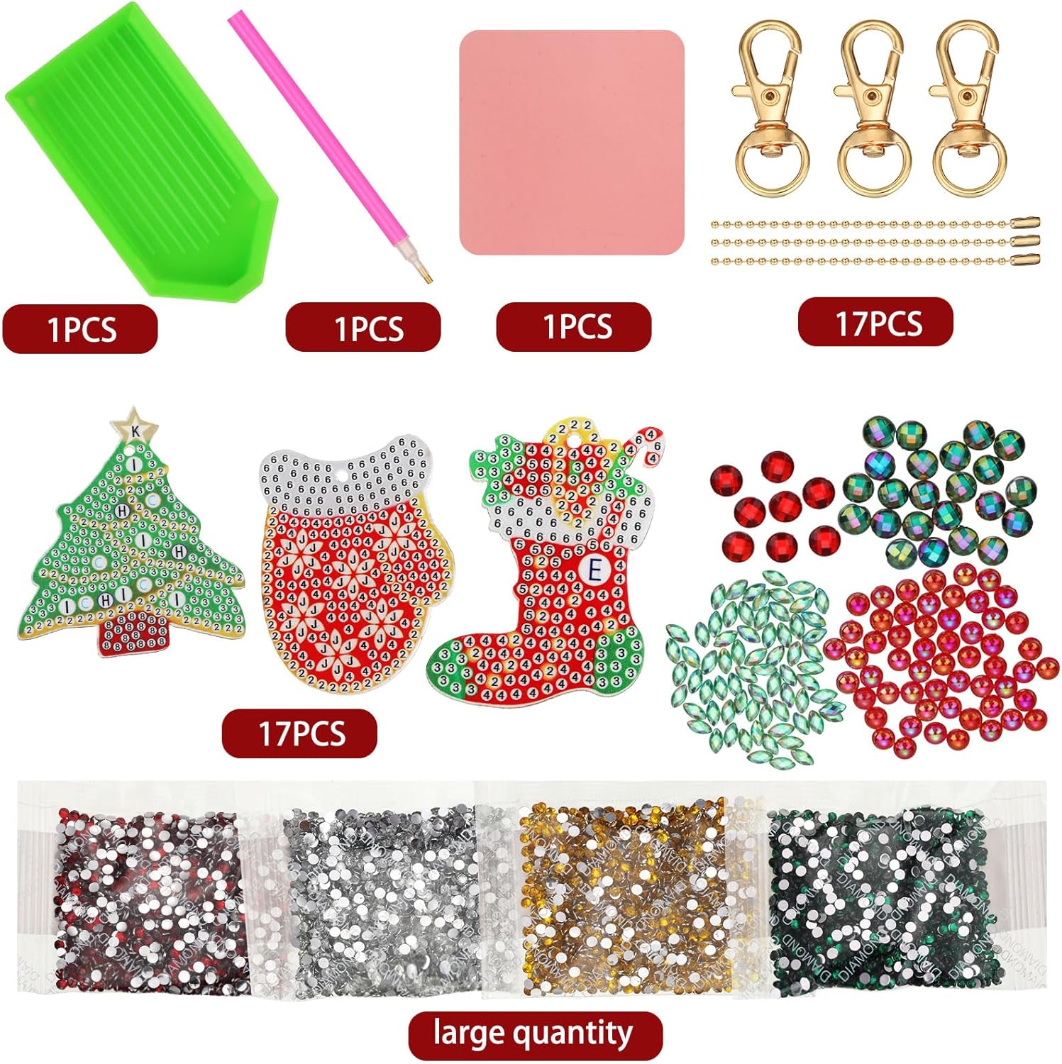 Yaomiao 17 Pieces Double Sided Diamond Art Christmas Ornaments Christmas Keychains Diamond Art Kit