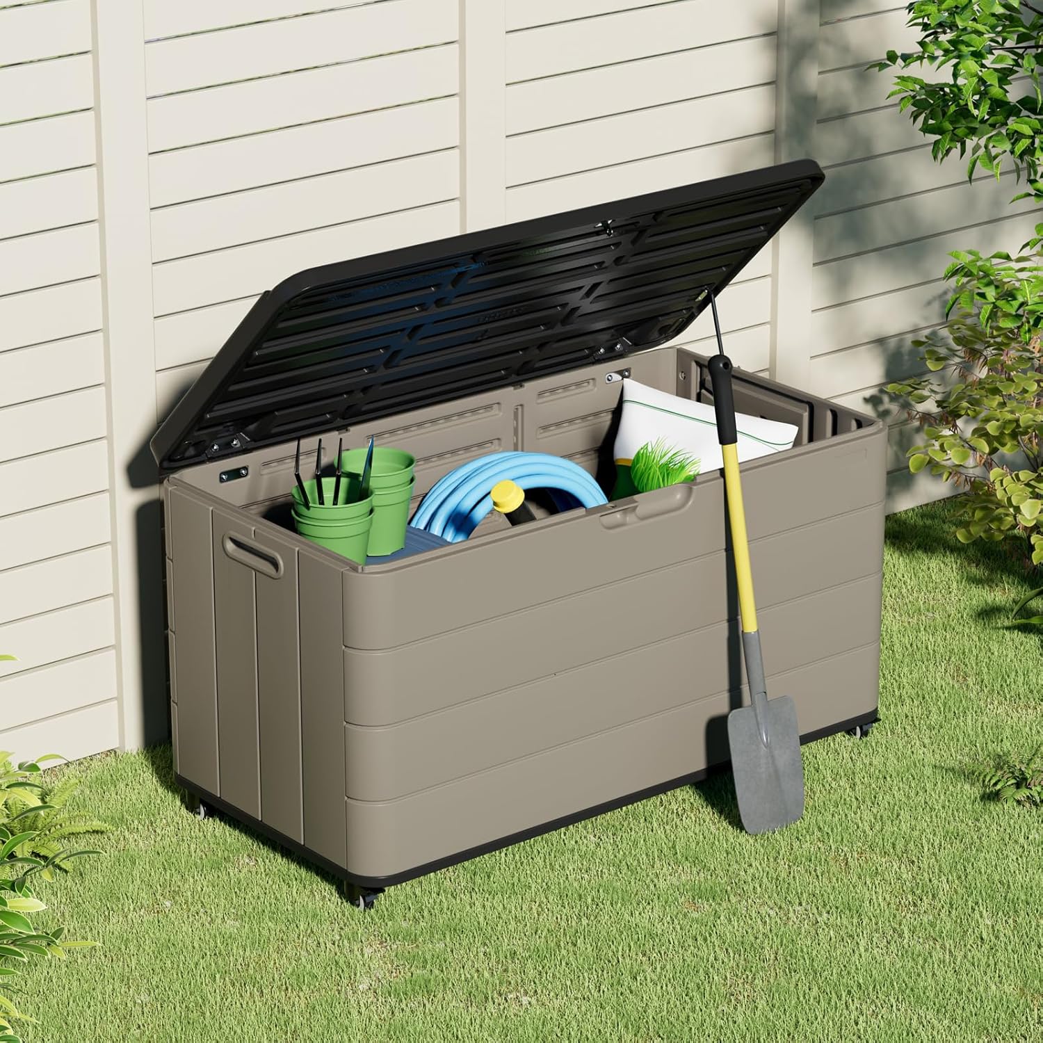 ZZM 110 Gallon Outdoor Deck Box with Wheels, Waterproof Resin Storage Cabinet for Patio Cushion and