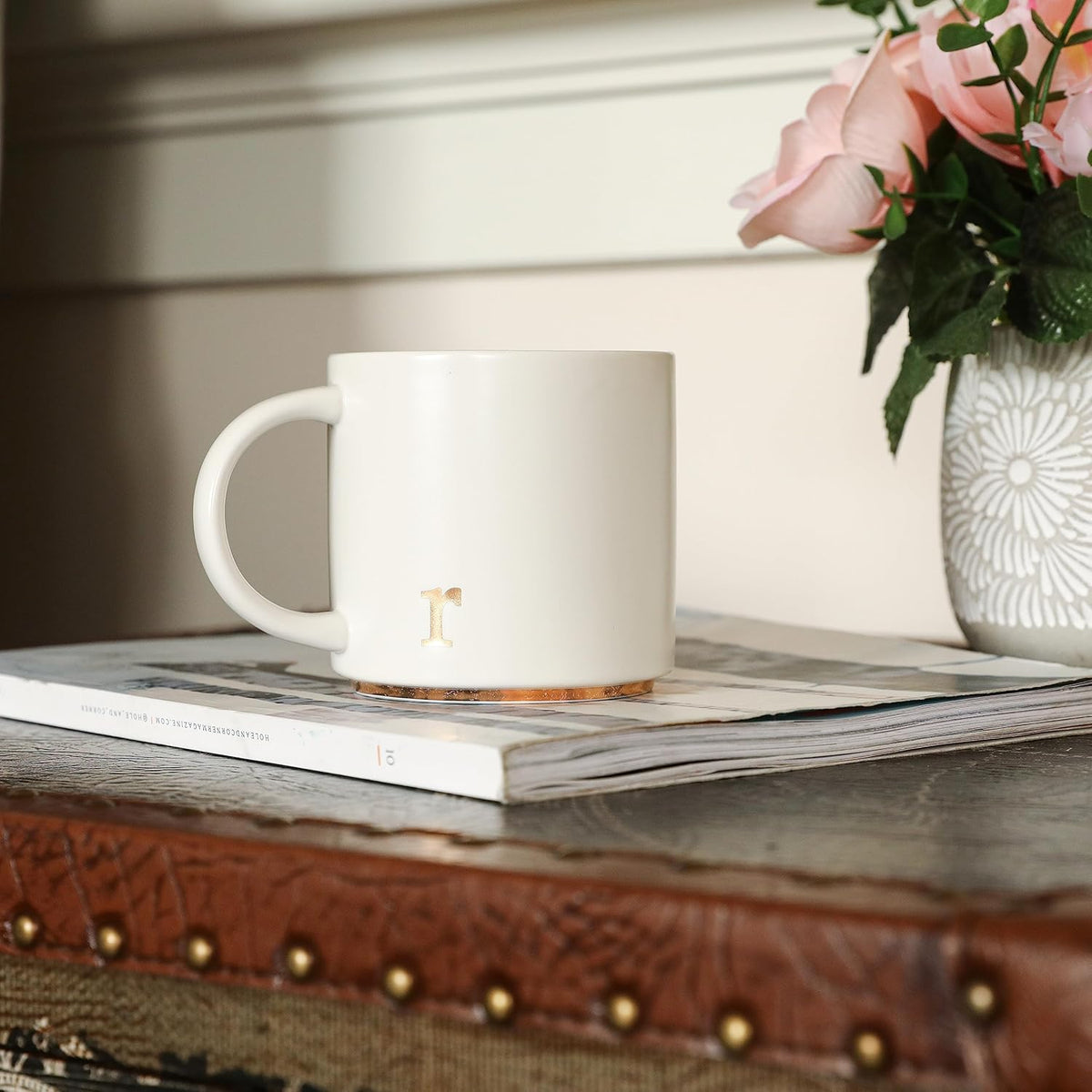 COLLECTIVE HOME - Monogram Ceramic Mugs, 15 oz Golden Initial Coffee Cups, Elegant Alphabet Tea