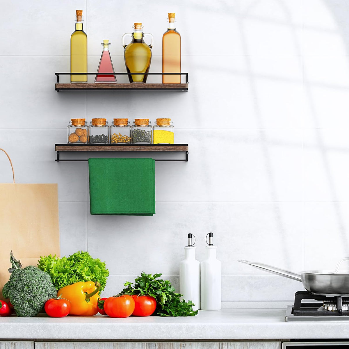 Meangood Floating Shelves Wall Mounted Set of 2, Wall Shelf with Towel Bar Rustic Wood Wall Storage