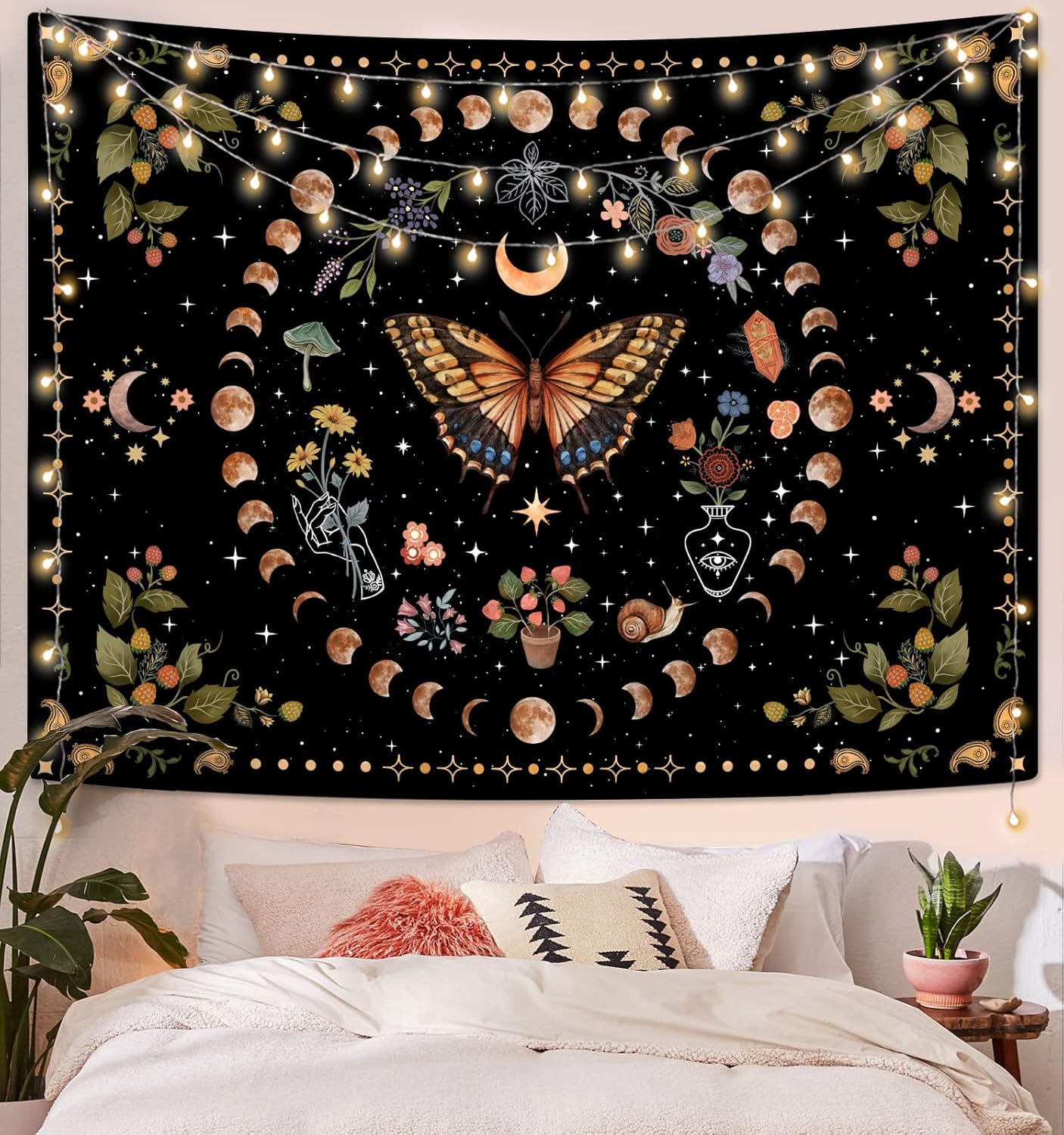 Aipon Yellow Butterfly Moon Flower Tapestry Botanical Floral Plant Boho Tapestry for Bedroom