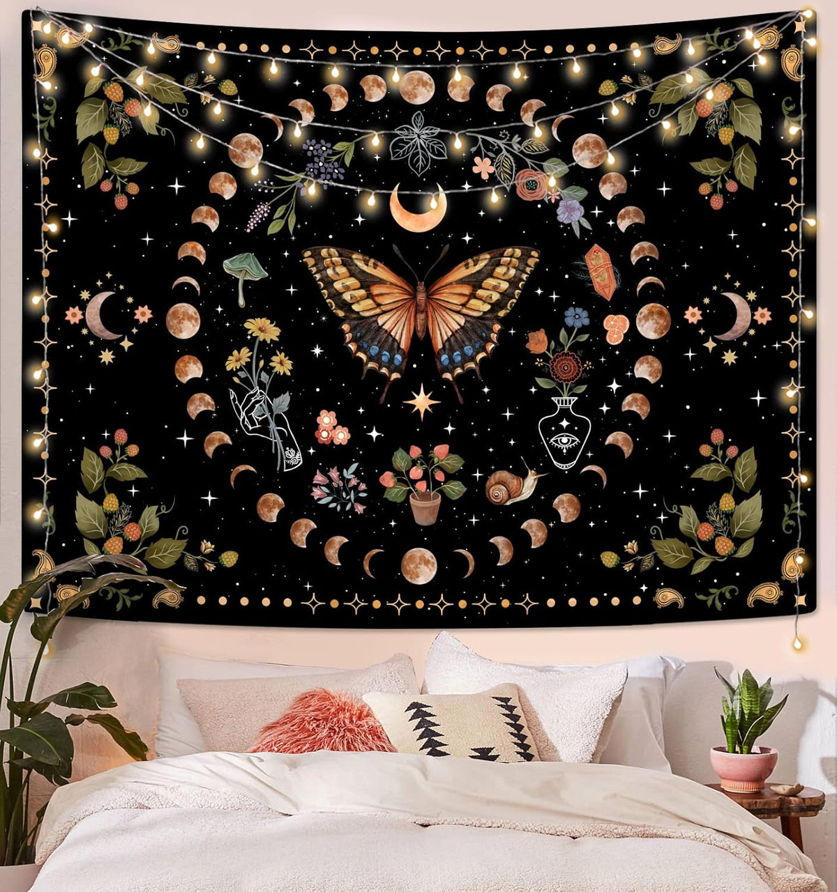 Aipon Yellow Butterfly Moon Flower Tapestry Botanical Floral Plant Boho Tapestry for Bedroom