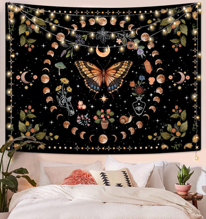 Aipon Yellow Butterfly Moon Flower Tapestry Botanical Floral Plant Boho Tapestry for Bedroom