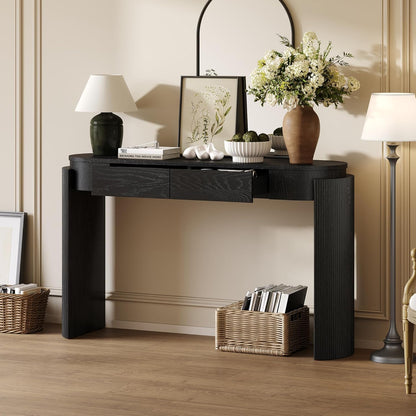 55" Sofa Table with Oval Top and 2 Drawers, Entryway Console Table with Fluted Design for