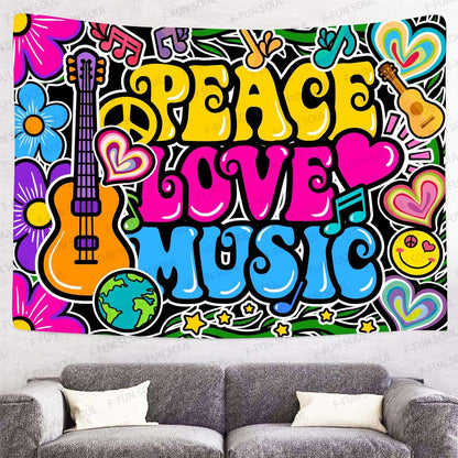 F-FUN SOUL Peace Love and Music Tapestry, 40x30inches Soft Flannel, Guitar Symbol Dove Flowers