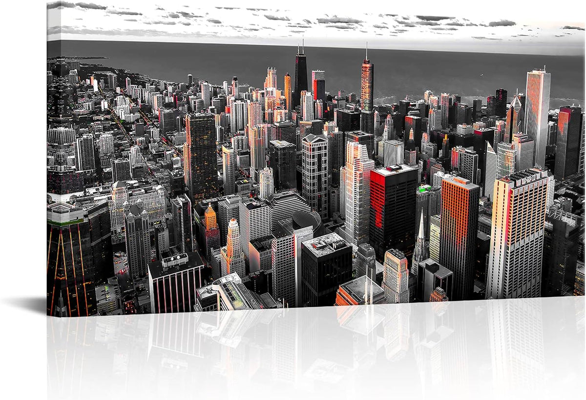 Nachic Wall Black and White Chicago Canvas Print Art Modern Chicago Downtown at Sunset Pictures