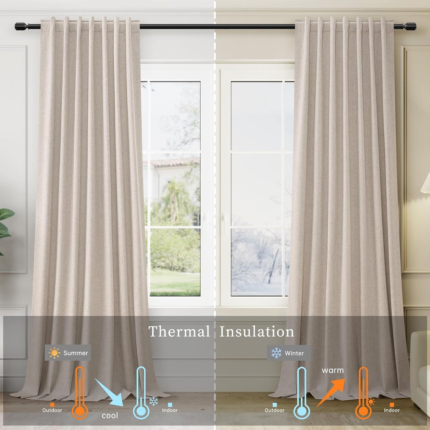 BOODII Oatmeal Linen 100% Blackout Curtains 100 Inch Extra Long Room Darkening Light Blocking