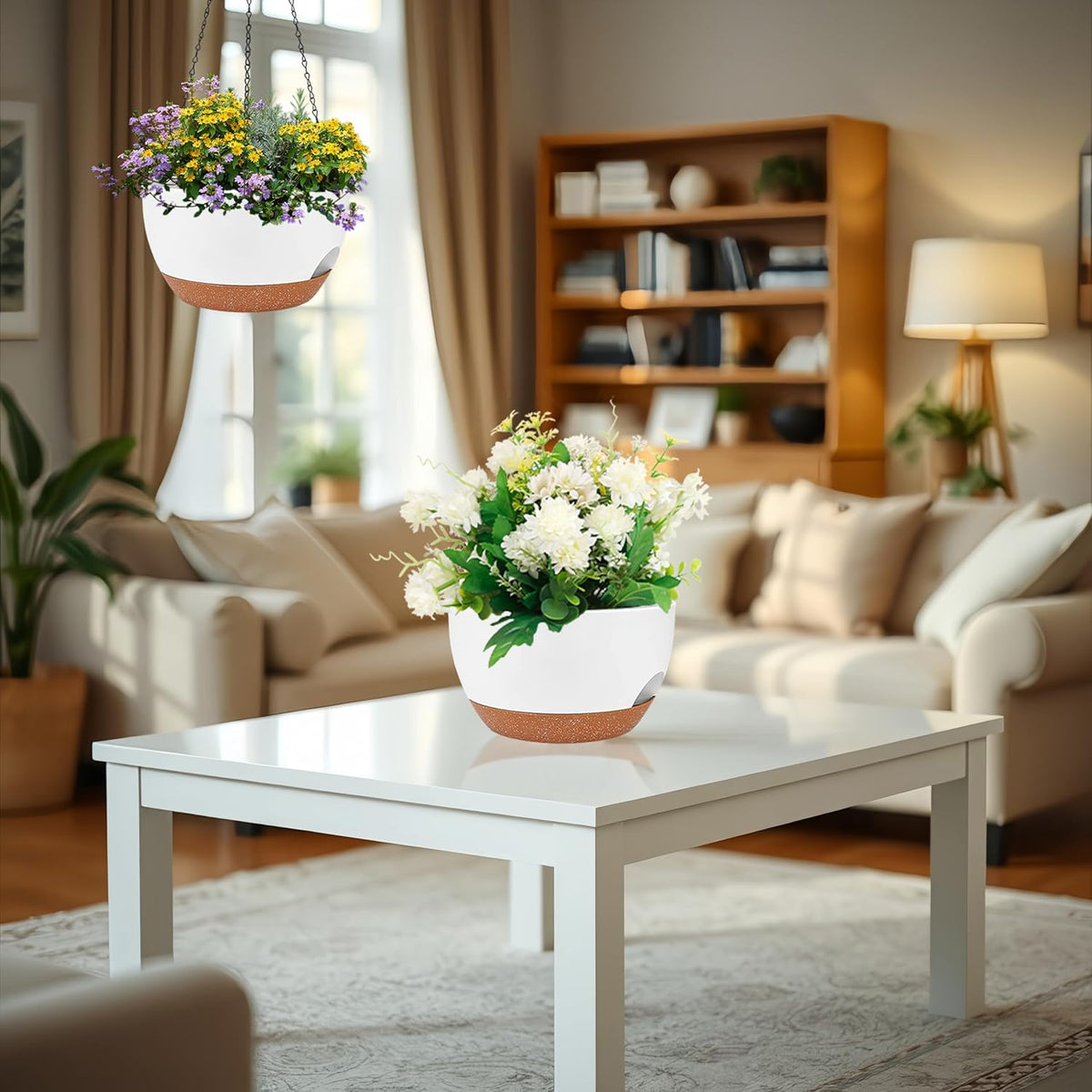 2 Pack 12 Inch Large Hanging Planters with Chains Self Watering White Brown Plastic Hanging Pots