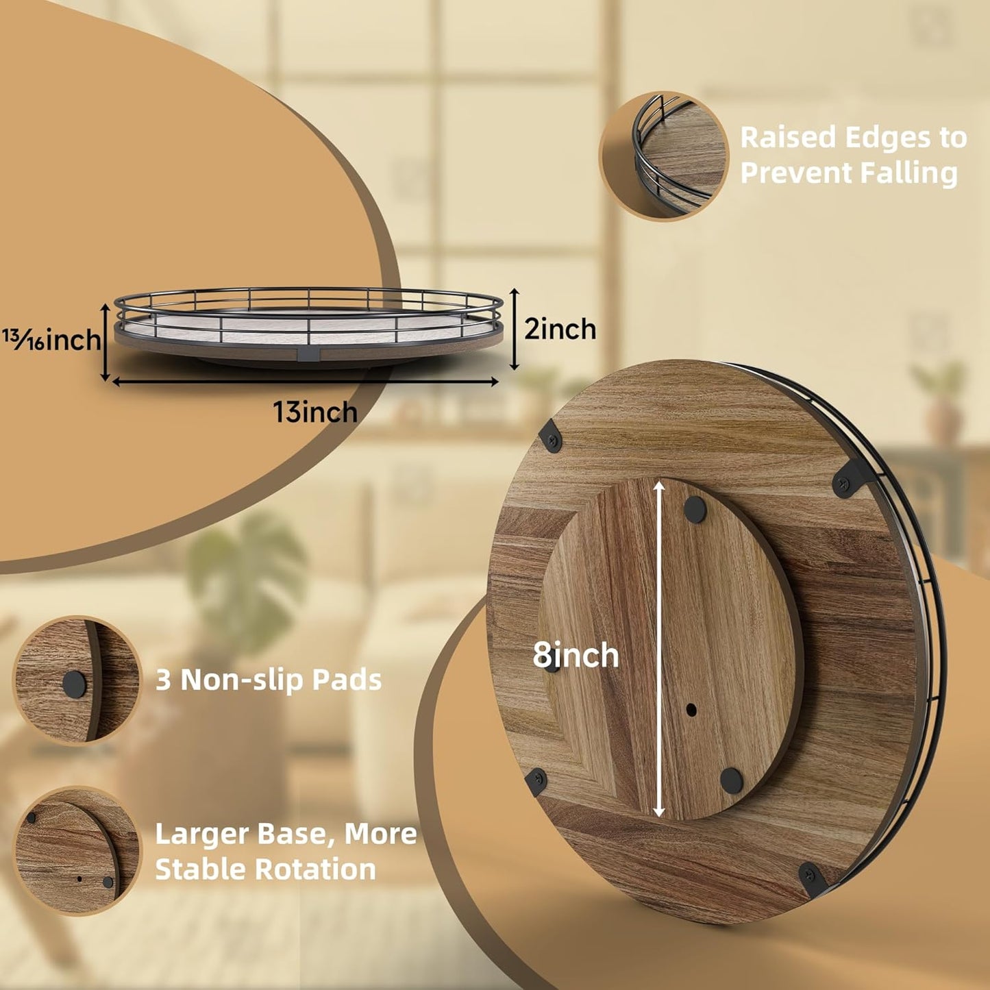 Acacia Wood 13" Lazy Susan Turntable Organizer for Table Top, Farmhouse Round Wooden Lazy Susan for