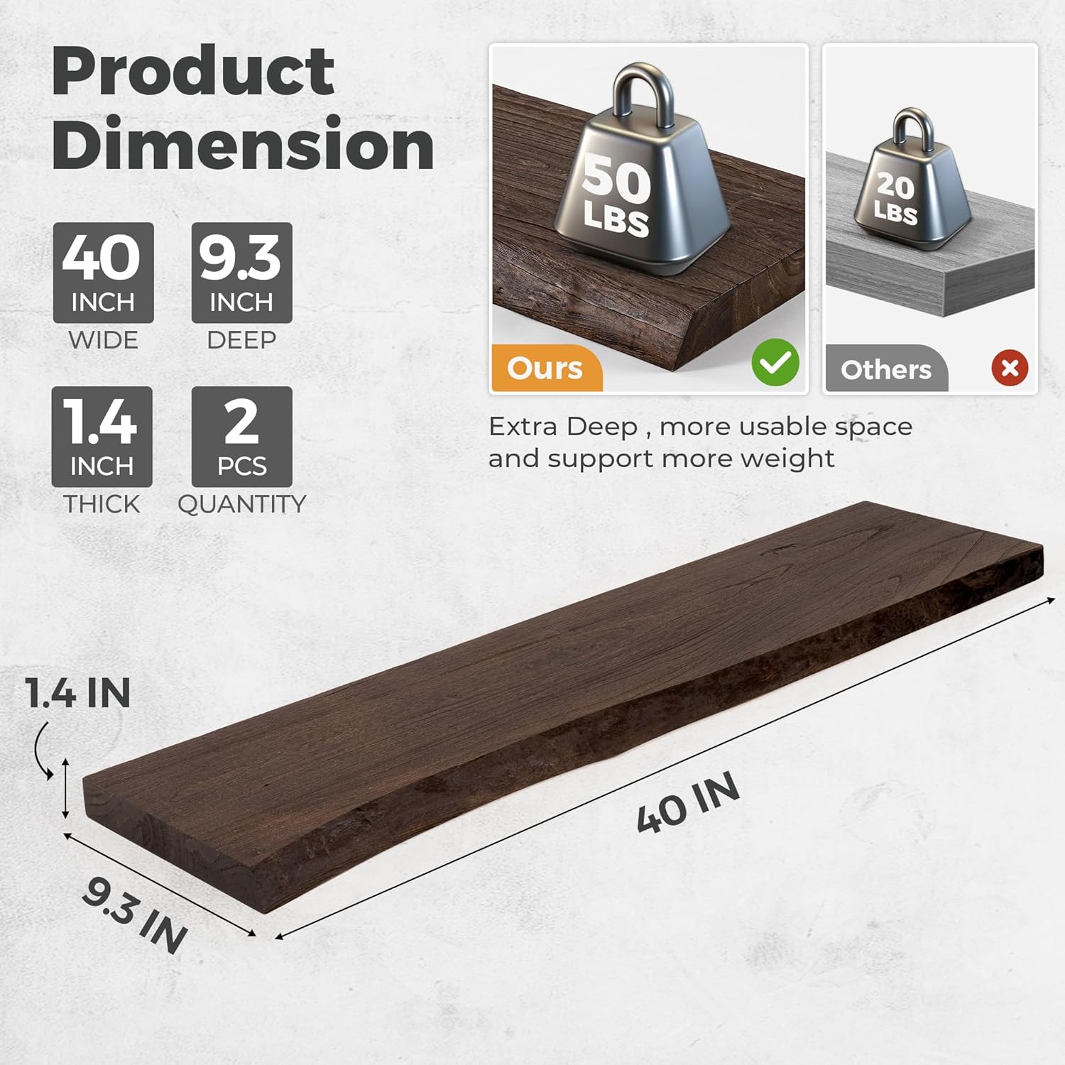 RICHFOCUS Live Edge Elm Floating Shelves - 40" W x 9.3" D Rustic Solid Wood Wall Shelves with