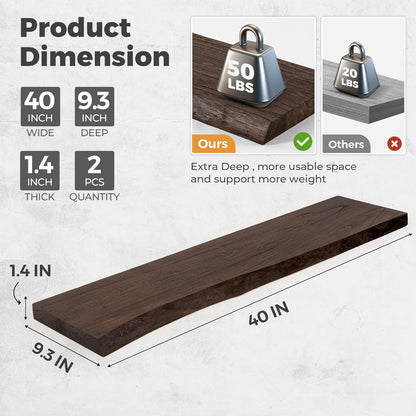 RICHFOCUS Live Edge Elm Floating Shelves - 40" W x 9.3" D Rustic Solid Wood Wall Shelves with