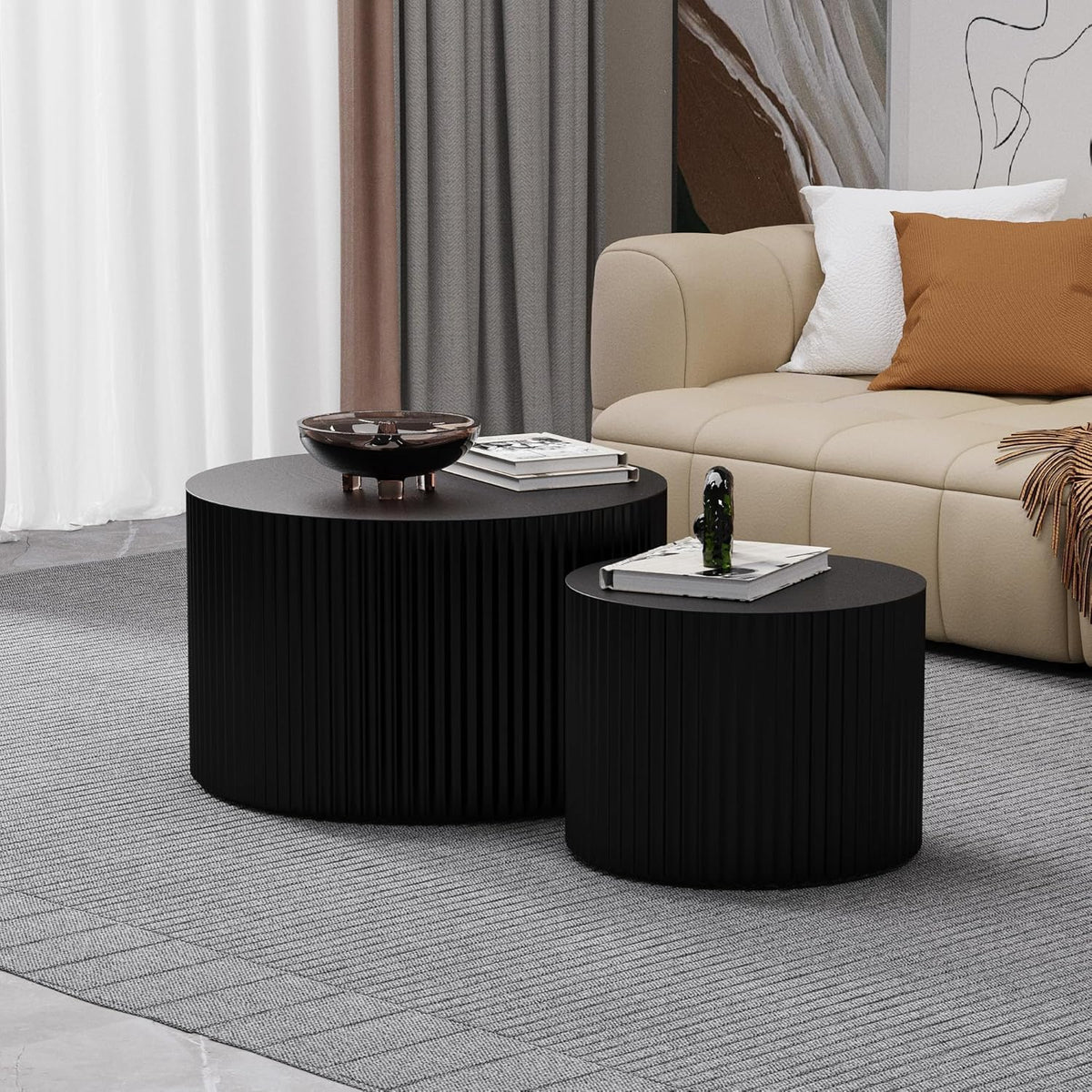Round Coffee Table Set of 2, Nesting Coffee Table and End Table Set Small Circle Drum Side Table