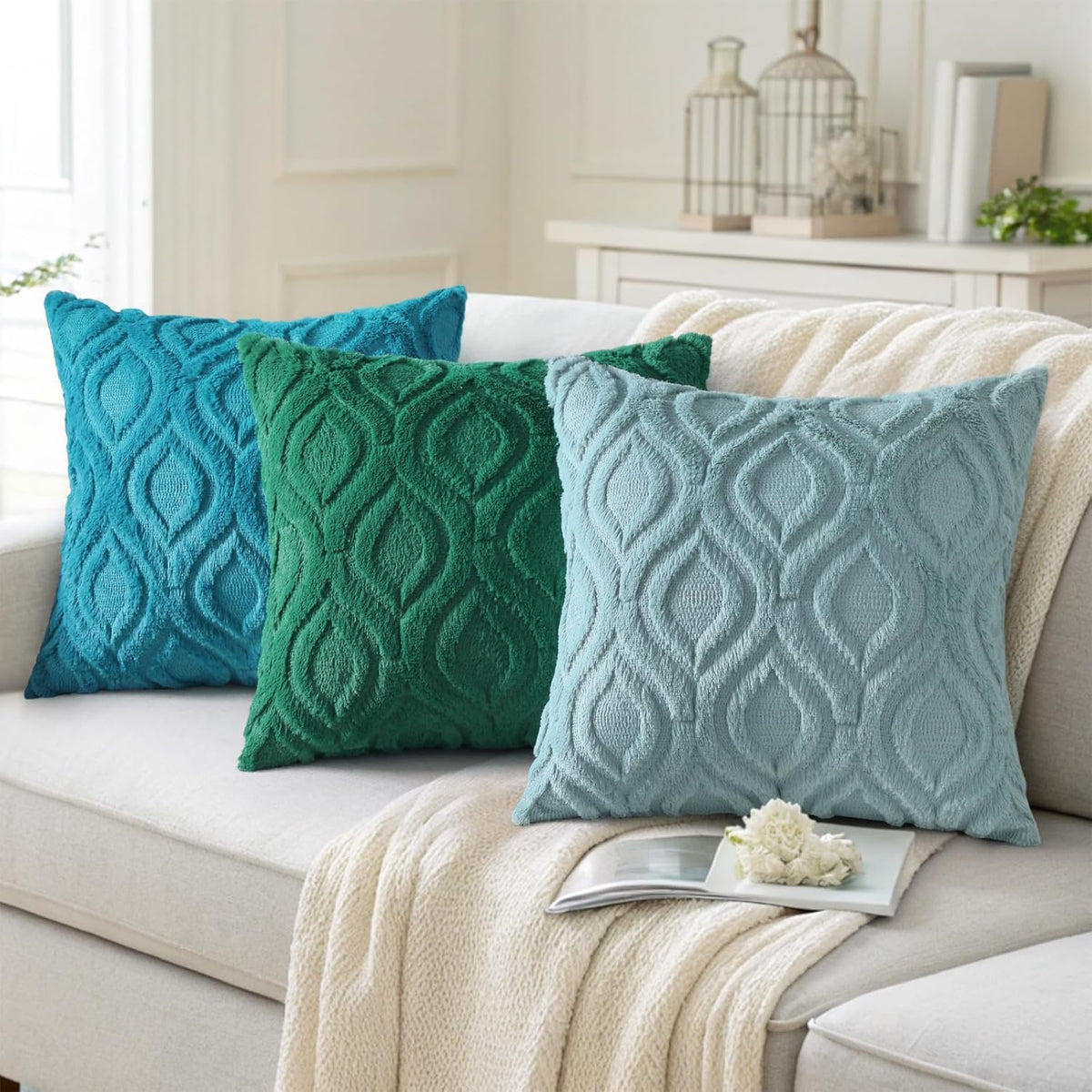 decorUhome Fall Throw Pillow Covers 20x20 Inch Set of 2, Soft Plush Decorative Faux Fur Aqua Solid