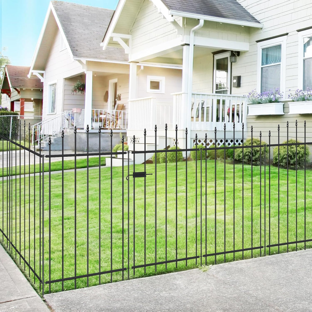 Metal Garden Fence with Gate 42 in H x 12 ft L, 1 Gate + 5 Panels Border Dog Fence Panels Animal