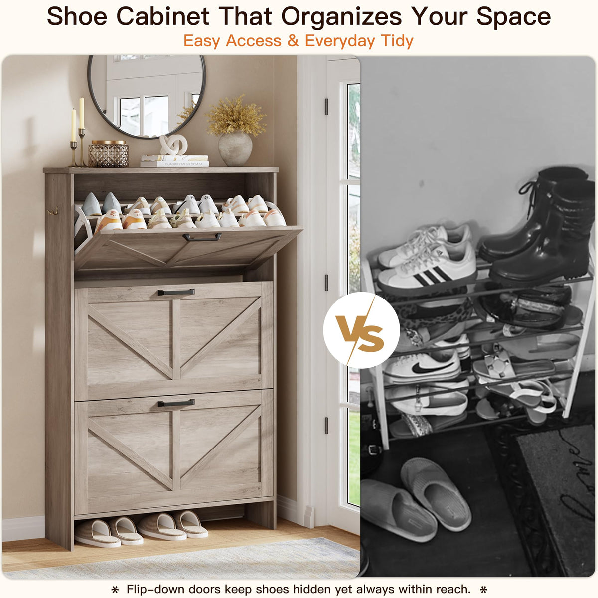 Nicetree Farmhouse Gray Shoe Cabinet – Ultra Slim 3-Drawer Flip Organizer with Shaker Barn Door