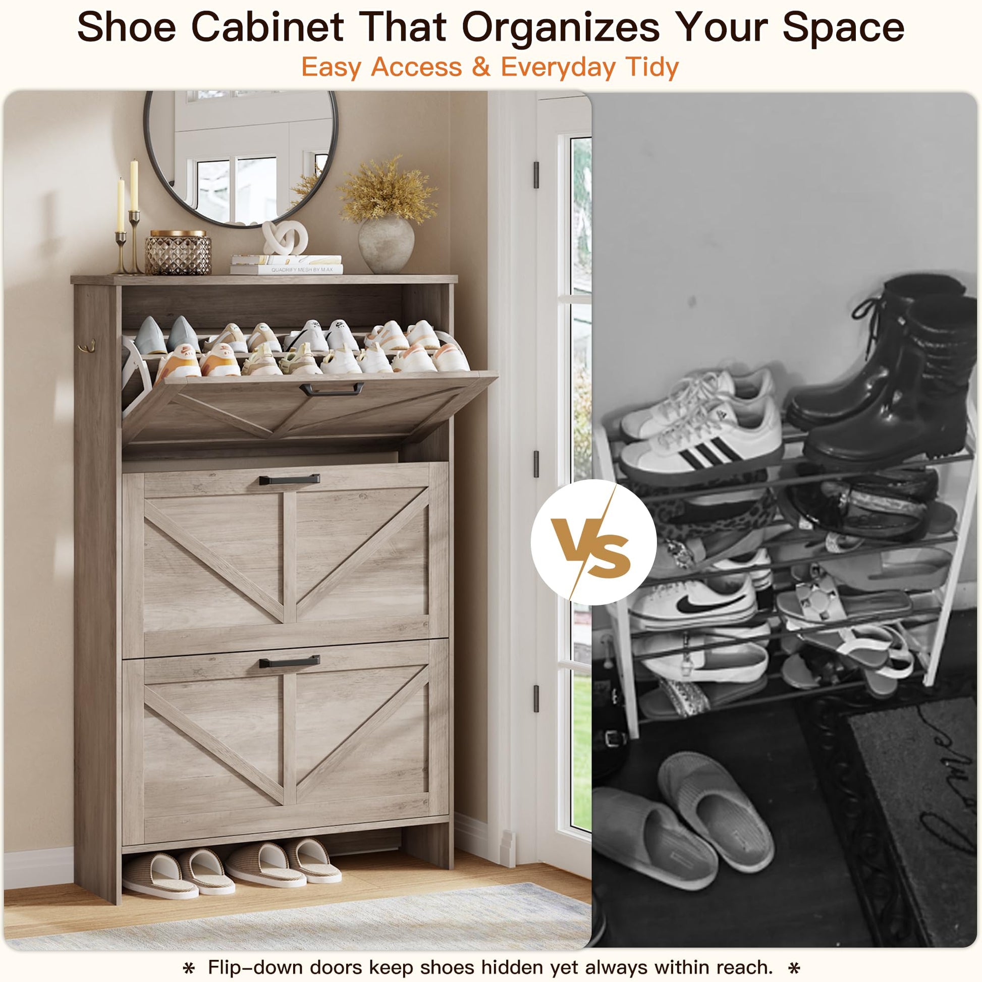 Nicetree Shoe Cabinet for Entryway, 3 Flip Drawers Shoe Storage Cabinet with 3-Tier Adjustable