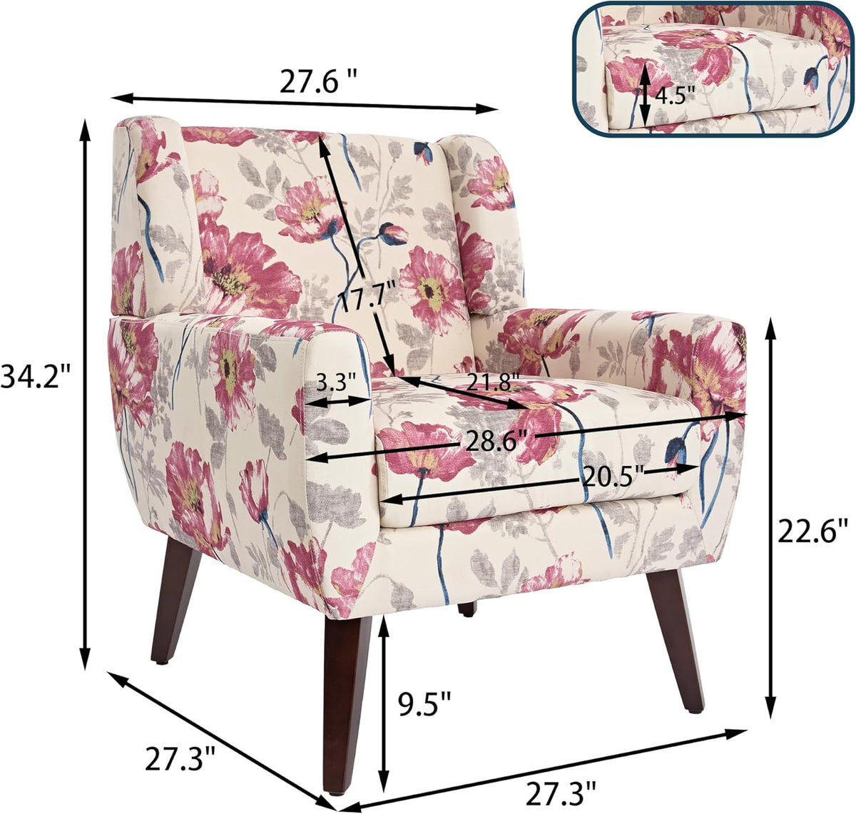 UIXE Floral Accent Chair, Modern Upholstered Armchair in Fabric for Living Room, Comfy Club Arm