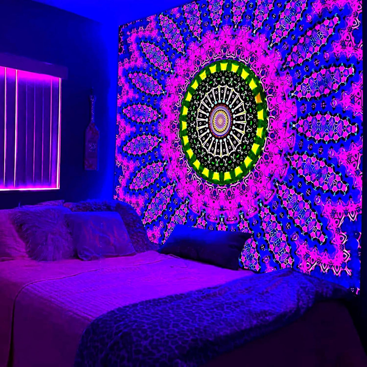 Blacklight Mandala Tapestry for Bedroom, Black Light Posters for Adults and Teens, Red UV Reactive
