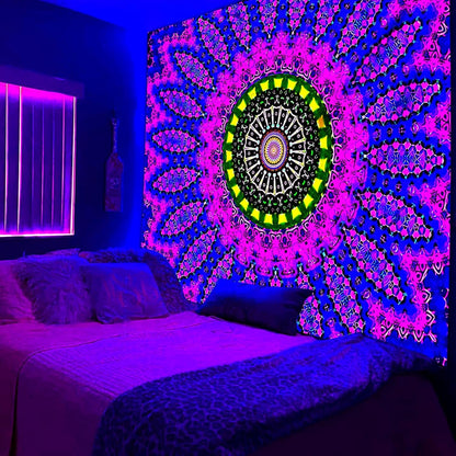 PSYHILAR Blacklight Mandala Tapestry for Bedroom, Large Black Light Posters for Adults and Teens