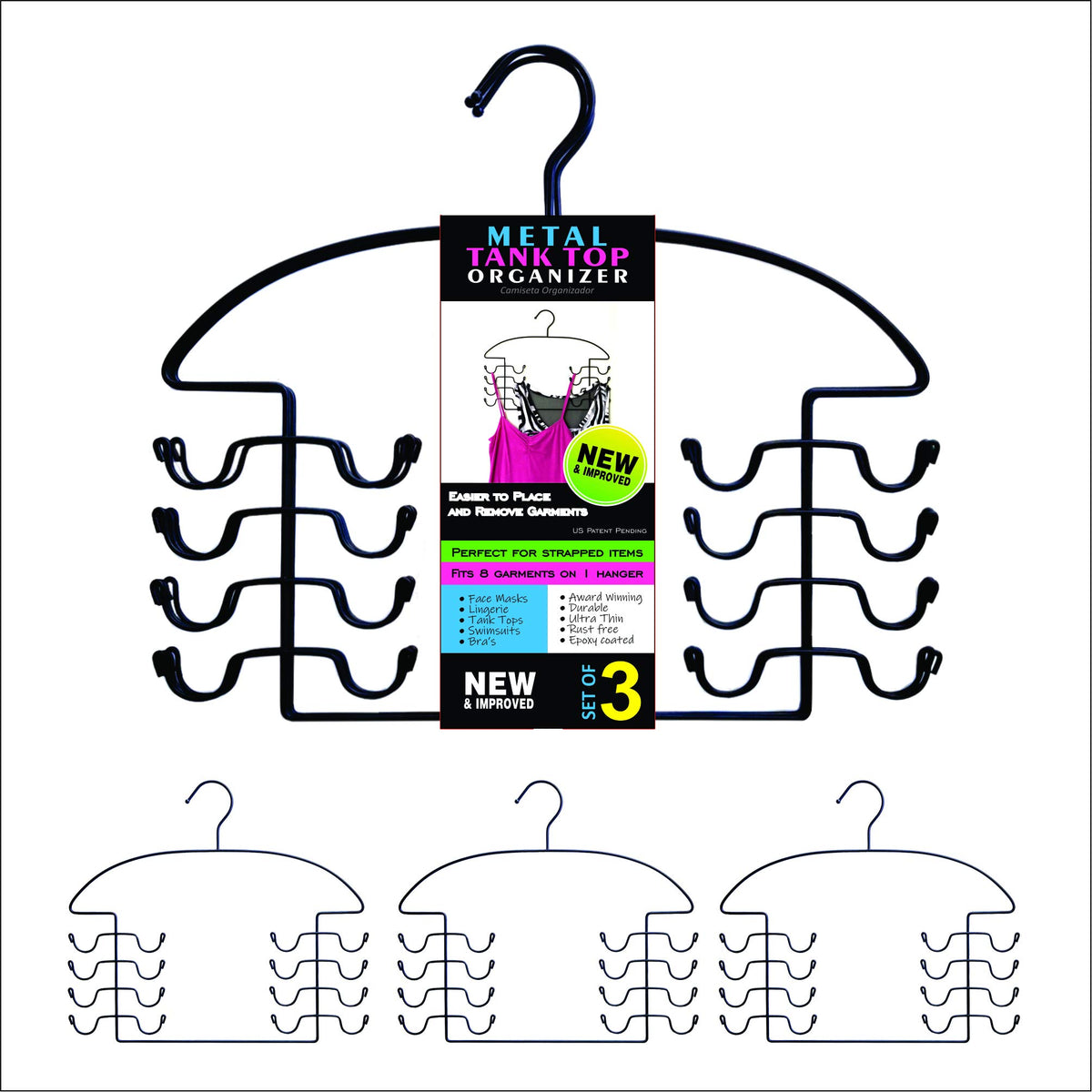Organizer Hangers for Tank Tops, Bras & Camis by Dr. Organizer – USA Patented Steel 3-Piece Set