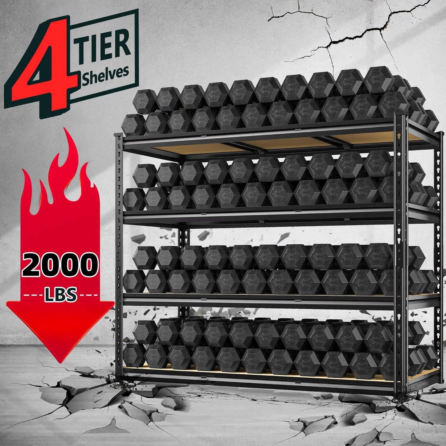 REIBII 48" W Garage Shelving Heavy Duty, 2000LBS Storage Shelves, 4 Tier Adjustable Metal Shelves