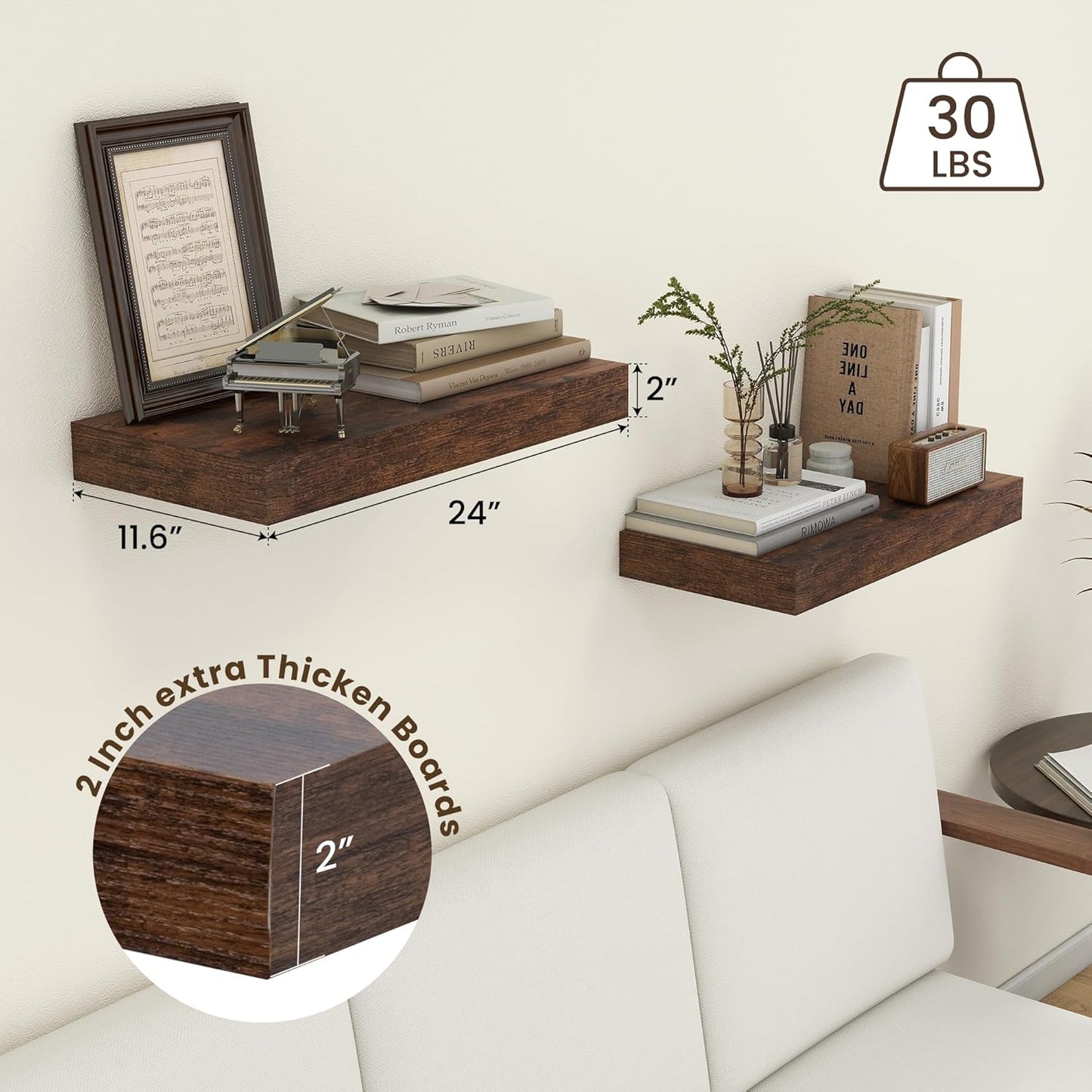 Deep Floating Shelves, 12 Inch Deep Rustic Floating Shelves Set of 2, 24 Inch Large Wall Mounted