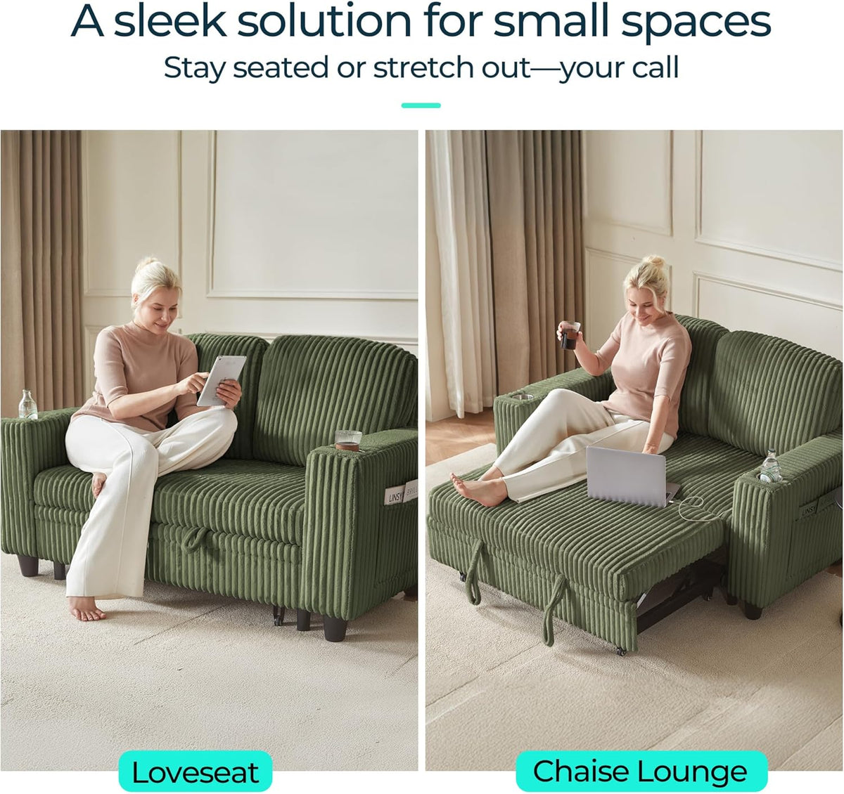 LINSY HOME Loveseat Sofa with Pull Out Couch Chaise: 2-in-1 Convertible 2 Seater Sofa with USB